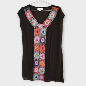 THML Womens Coverup Sz Small Black Colorul Embroidered VNeck Pullover Swimwear